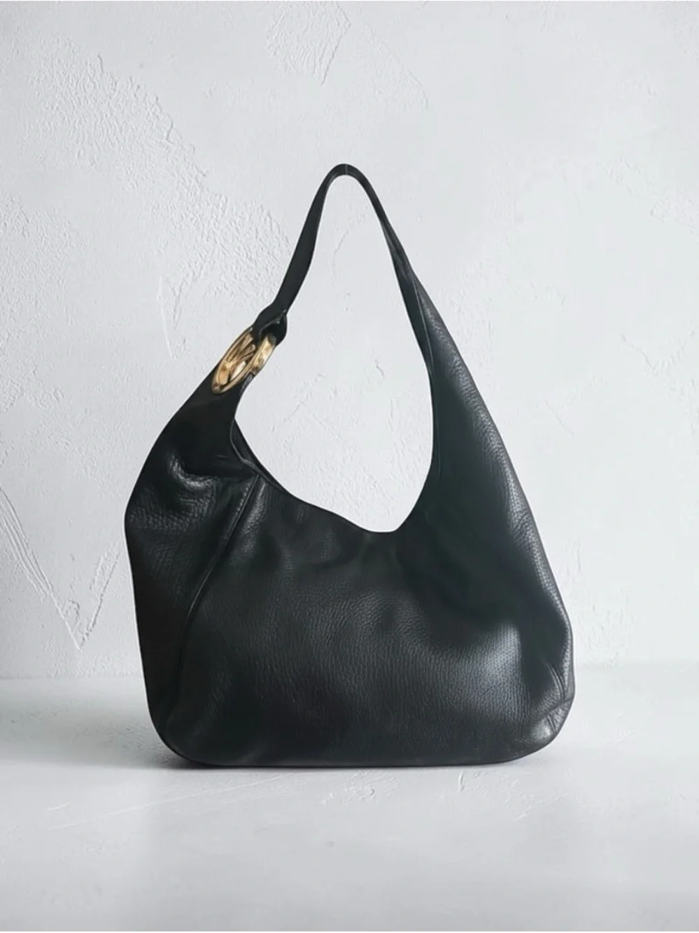 Michael Kors Black Pebbled Leather Fulton Hobo Shoulder Bag Gold Logo Purse OS